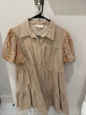 Peach Love California Tan Tiered Dress with Sequin Puff Sleeves